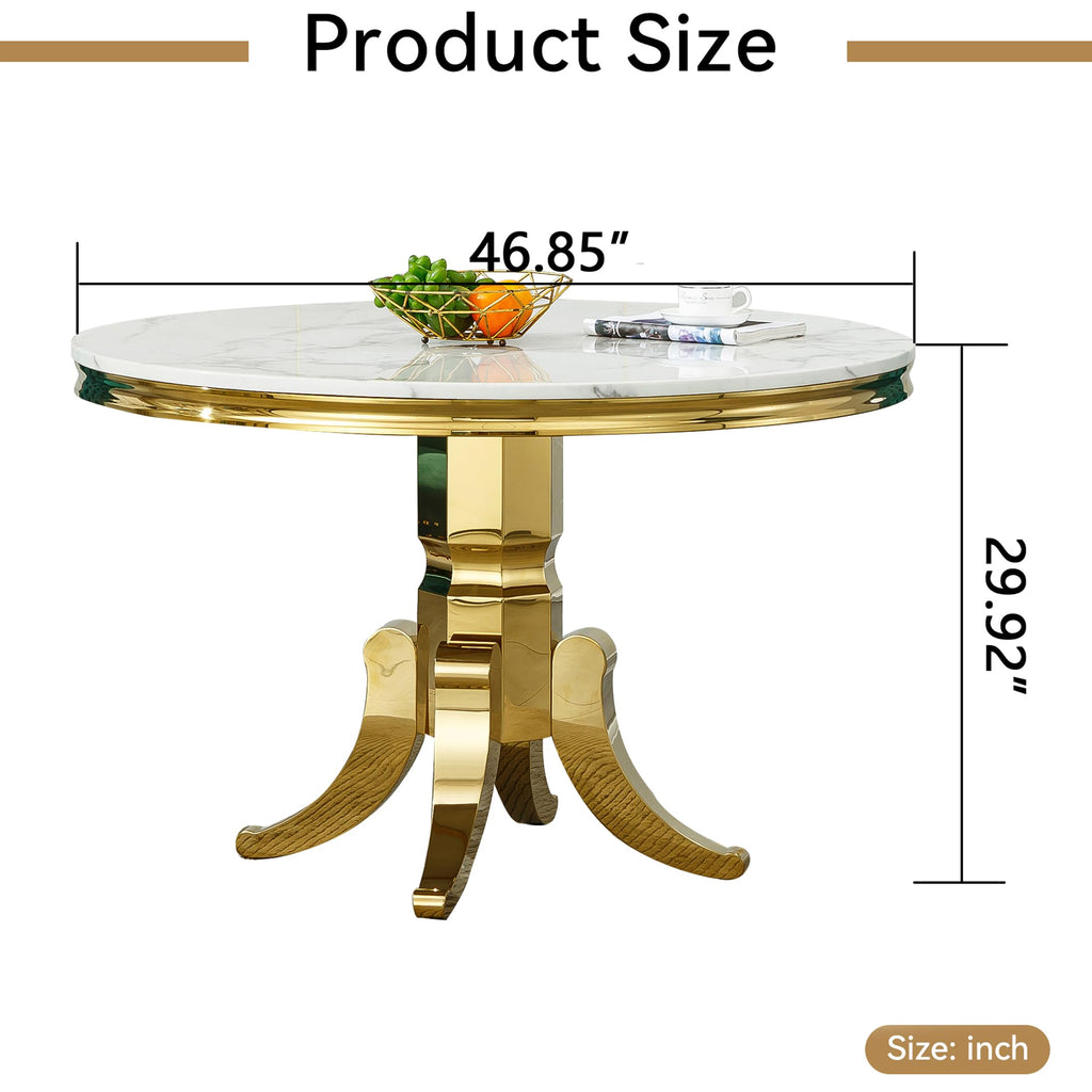 Round Marble Dining Table for 4 6, Modern 45" White Gold Kitchen Table with Faux Marble Top & Mirrored Tripod Pedestal