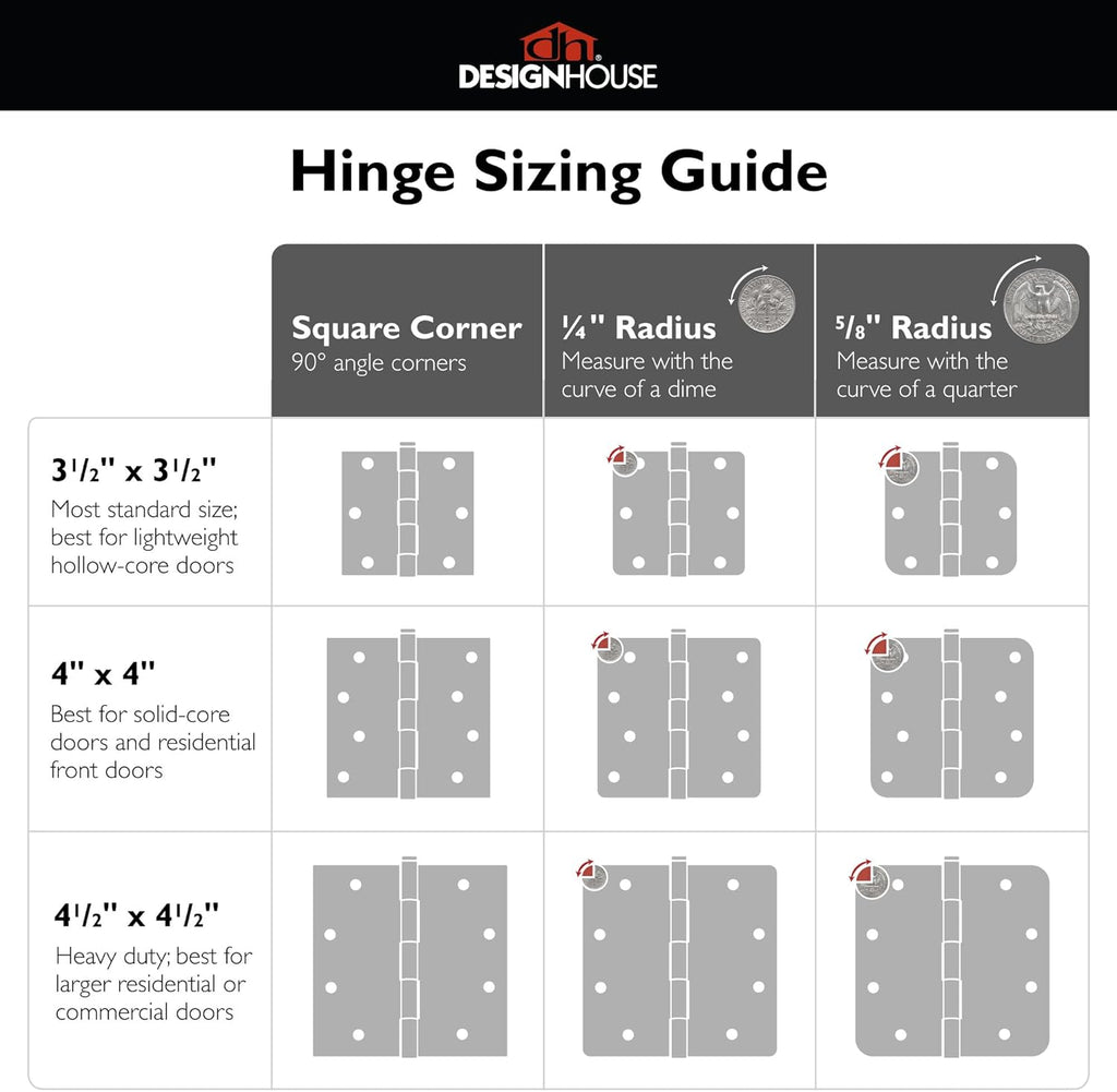 Interior Door Hinges, 4.0 in. x 4.0 in., Rounded, 1/4-in. Radius, Steel, Pre-Lubricated, Door Hardware, Matte Black