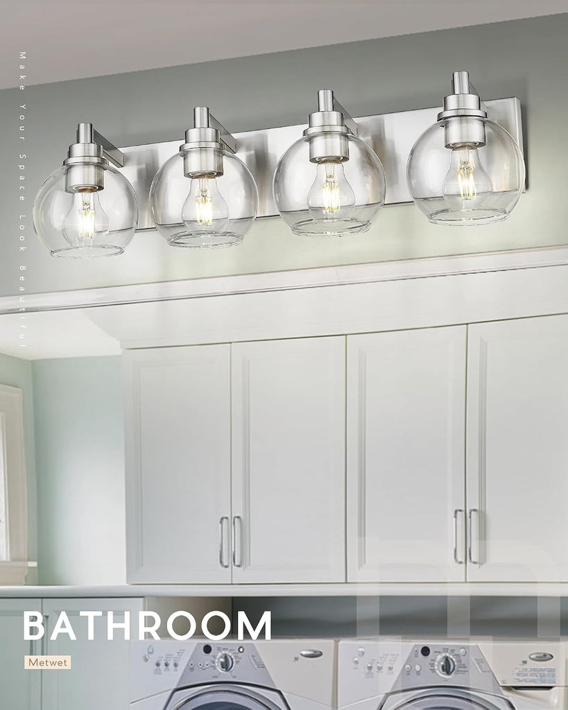 4-Light Brushed Nickel Bathroom Vanity Light, Clear Glass Globes | 26" modern bathroom light fixtures over mirror