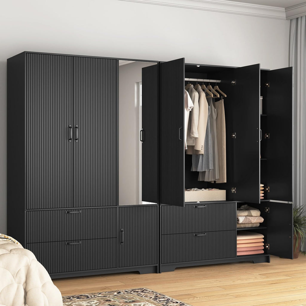 72'' Fluted Armoire Wardrobe Closet with Mirror Door and 2 Drawers, Tall Bedroom Armoire Wardrobe Cabinet with Hanging