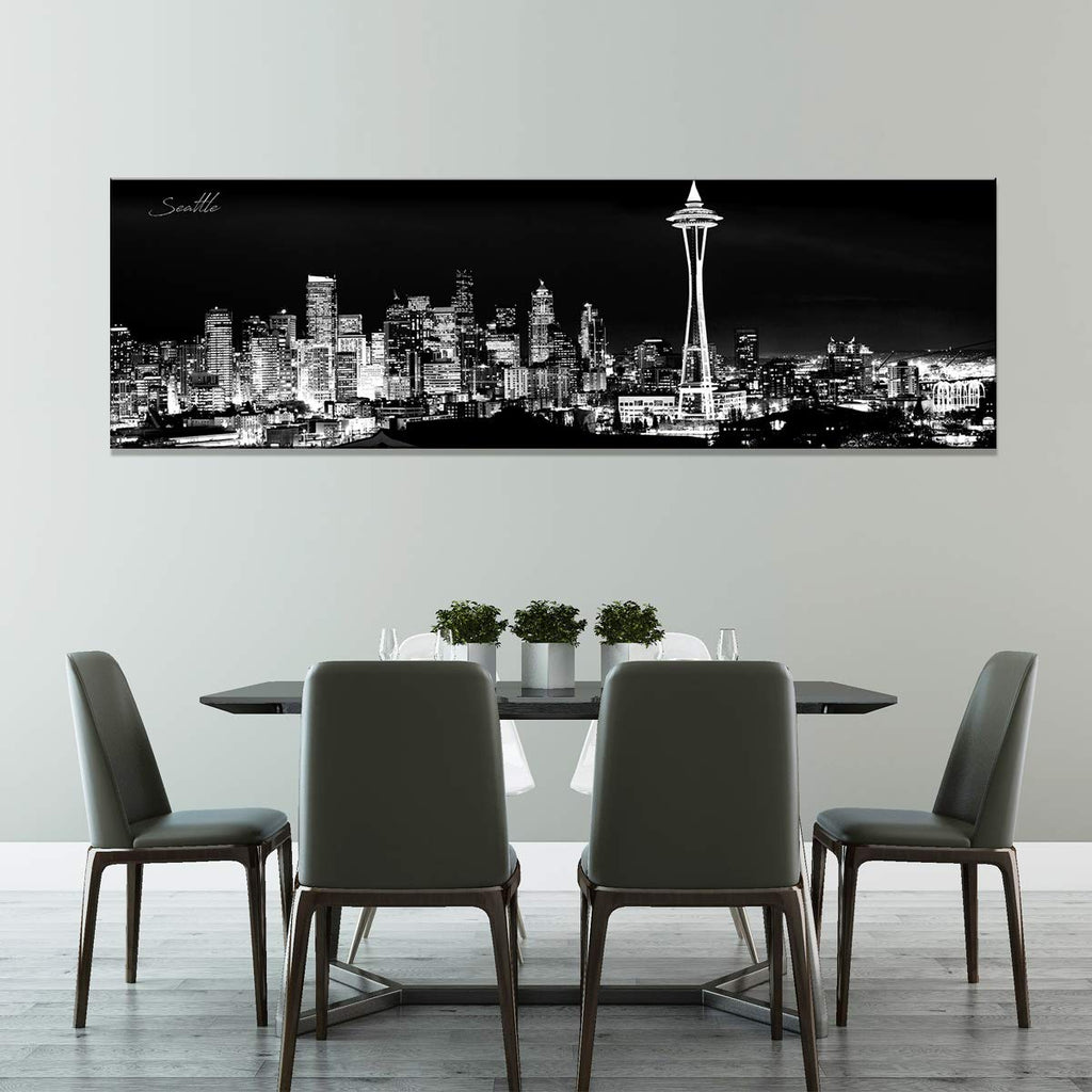 Seattle Skyline Wall Black and White Washington Cityscape Picture Space Needle Panoramic Artwork Urban Building