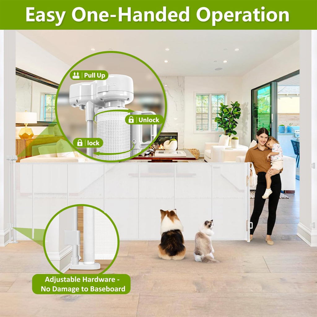 Reinforced 42" Tall Dog Gate 195" Extra Wide Retractable Baby Gate, White