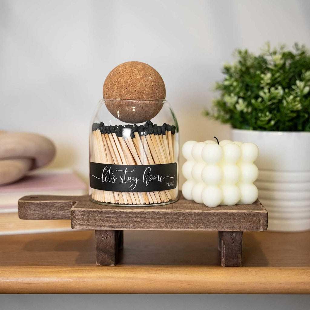 Let's Stay Home Cute Glass Match jar Cloche | Approx 135 Decorative Wooden Black tip Matches for Candles & décor