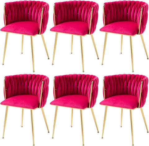 Woven Velvet Dining Chairs Set of 6, Upholstered Accent Chairs with Gold Metal Legs, Modern Dining Room Chairs, Rose Red