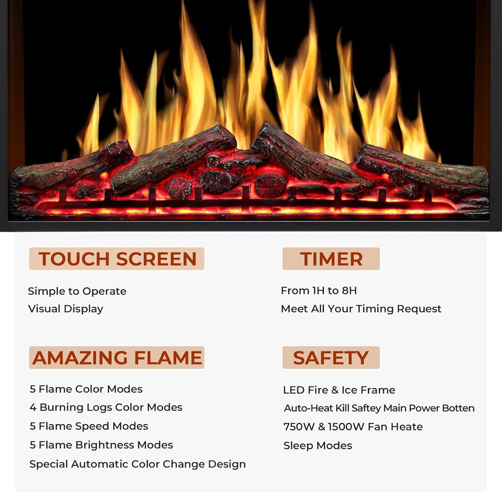 34" Electric Fireplace Insert, Adj.Flame & Log Colors, Remote, 750/1500W
