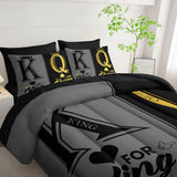 King and Queen Crown Comforter Set Black and Gray Couple Bedding Set，7Pcs Mr Mrs Comforter Set for Adults Couple Men