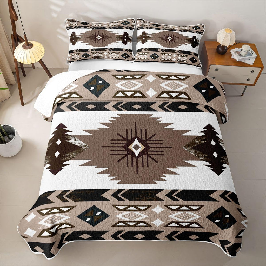 Boho Western Quilt Bedding Set Vintage Geometric Triangle Diamond Quilt Bedding Southwestern Native Aztec