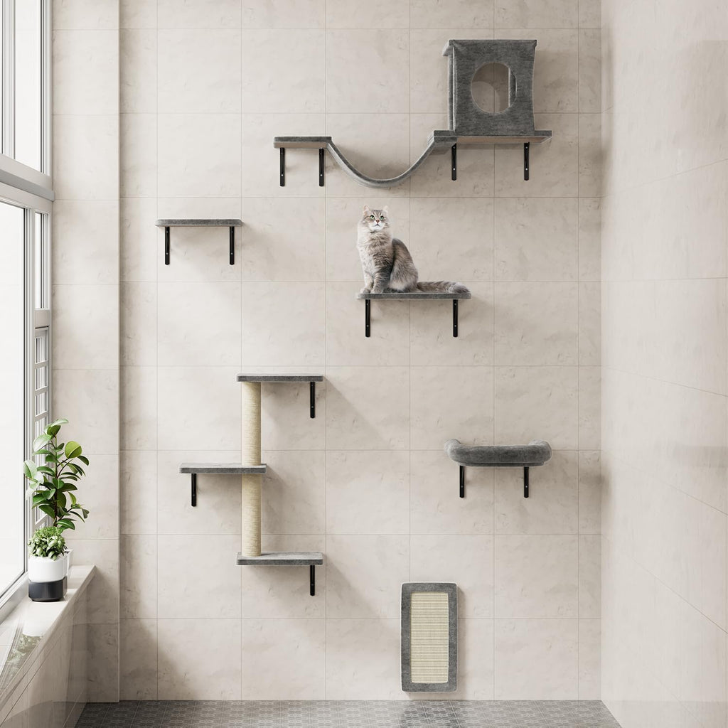 Cat Wall Shelves, 6 Pcs Luxury Wall-Mounted Cat Climber Set, Dark Gray