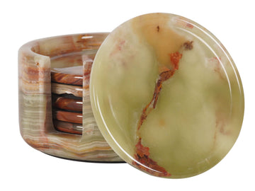 Round Marble Coasters Set of 6 with Holder - Green Onyx Stone 3.5"