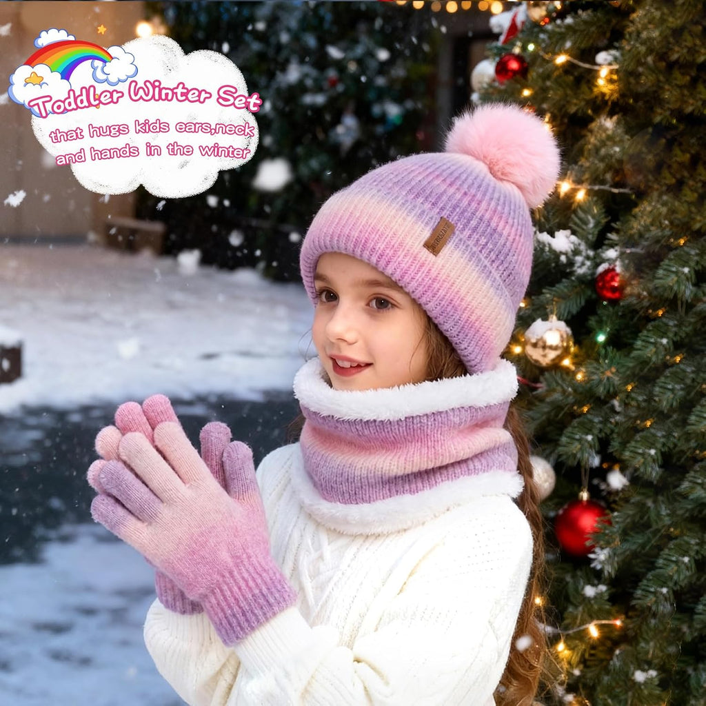 Toddler Girls Winter Hat Gloves Scarf Set Warm Fleece Lined Knit