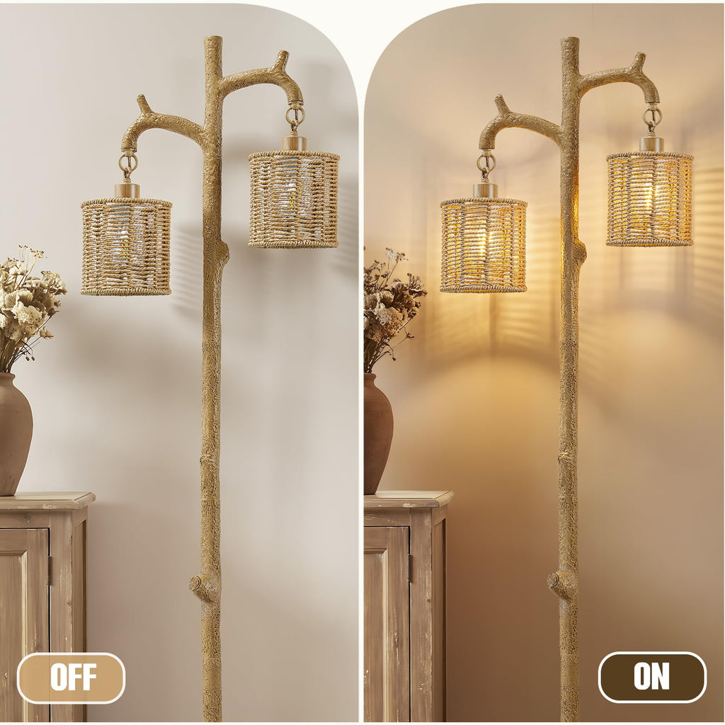 Floor Lamp - 69" Farmhouse Tree Trunk Standing Lamps - Country Resin Tall Lamp with 2 Rattan Lampshade - Rustic Floor