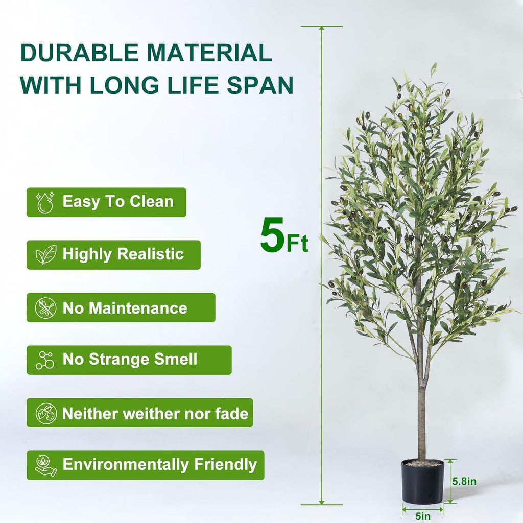 5-Foot Artificial Olive Tree, Indoor Artificial Plant, with Natural Trunk and Realistic Leaves and Fruits, Used
