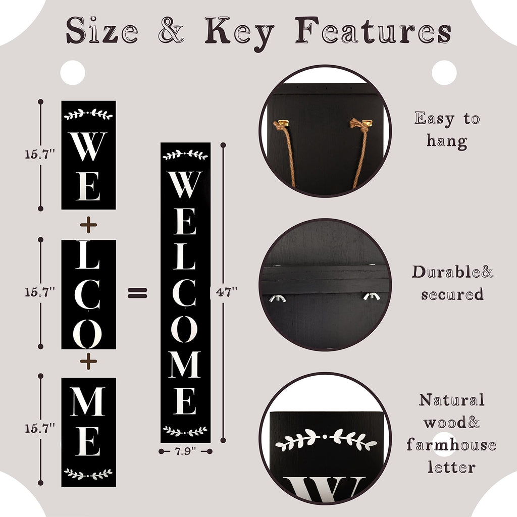Welcome Sign for Front Porch Standing, Interchangeable Wooden Sign with 5 Designed Double-Sided Icons for Front Door