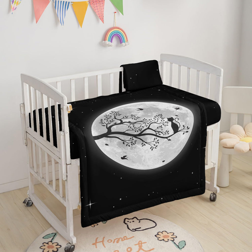 Moon Theme Cat Branch Printed Nursery Crib Bedding Set, 3pcs - Comforter, Crib Sheet & Crib Skirt for Baby Boys and