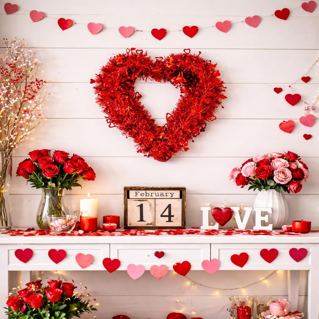 Valentine's Day Wreath for Front Door, Tinsel Heart Shaped Wreath Hanging Wall Decorations - 14 Inches, Valentines
