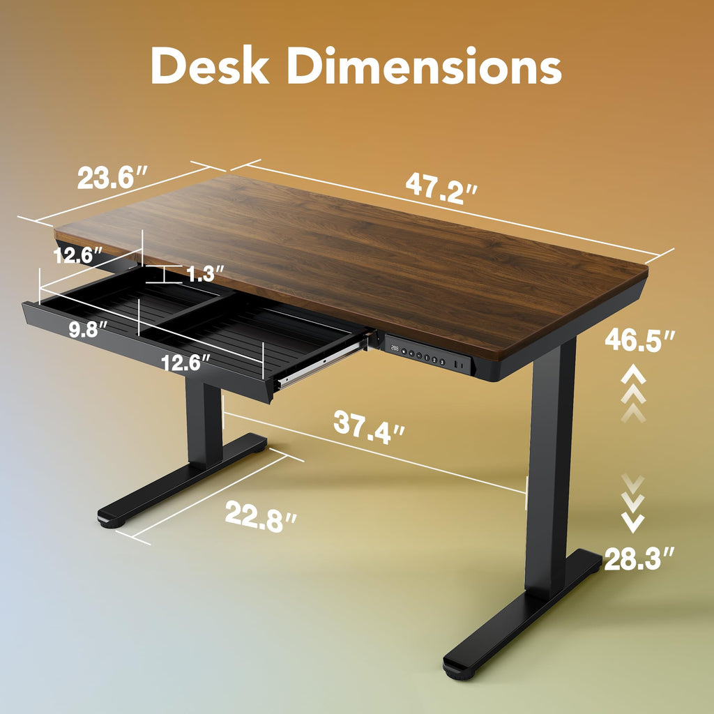 Electric Standing Desk with Drawers, 48 X 24 Inch Electric Adjustable Height Desk, Quick Install One-Piece Tabletop