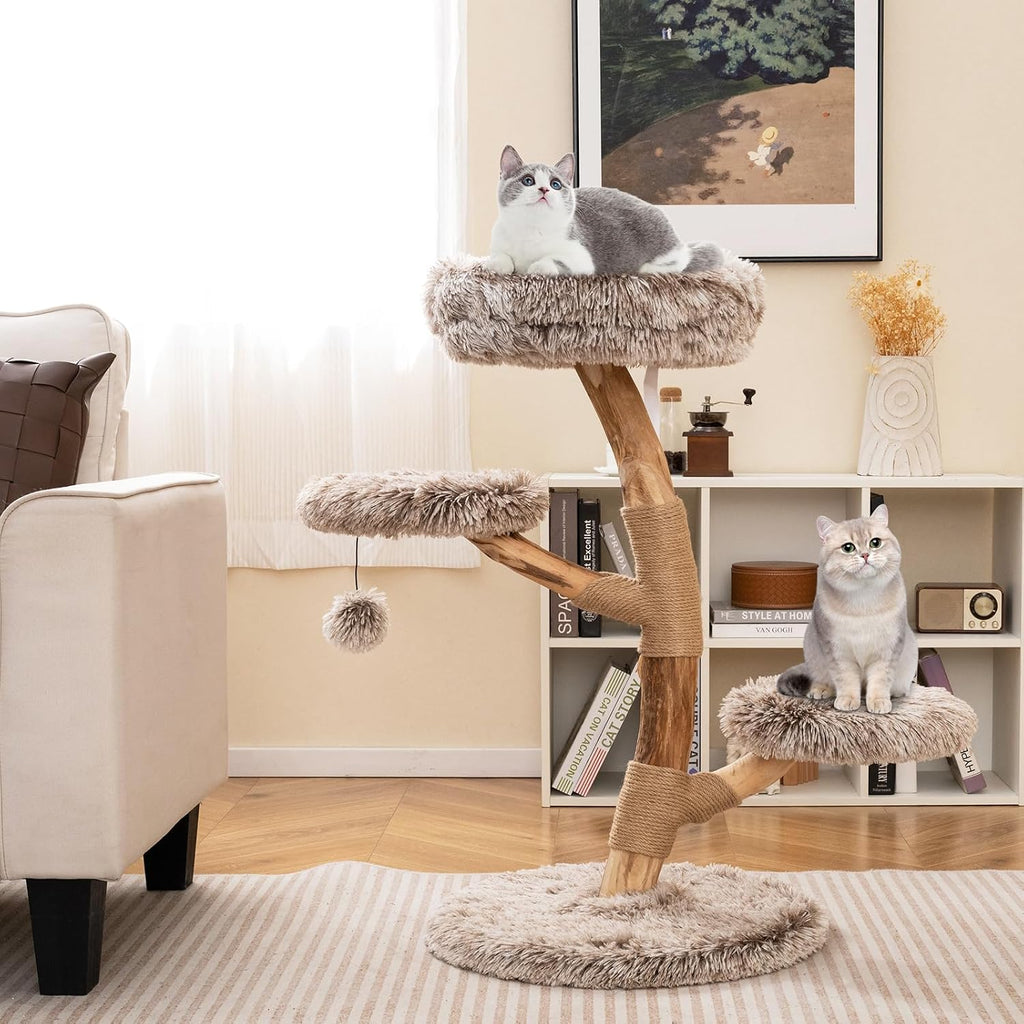 Solid Wood Cat Tree, Multi-Level Modern Cat Tower with Scratching Posts, Cozy Top Perch, 2 Platforms, Dangling Ball