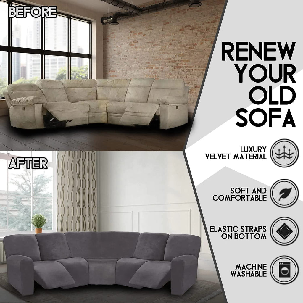7-Piece Velvet Stretch Reclining Couch Covers 5 Seats Corner Sofa Cover L Shape Sectional Recliner Sofa Covers for