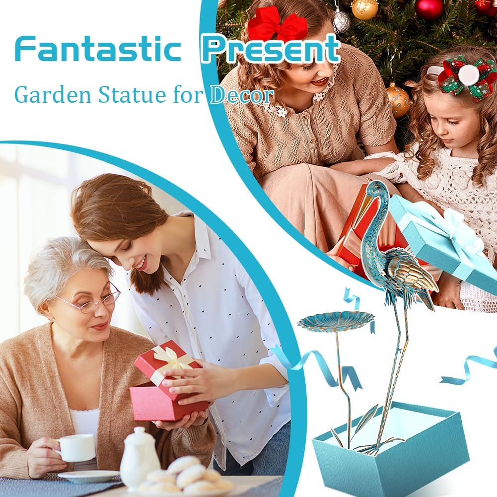 Metal Crane Garden Statue for Outside with Leaf Tray | Large Heron Outdoor Statues, Elegant Crane Yard Art Garden