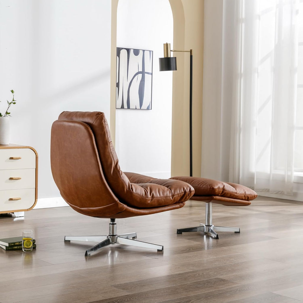 Modern Swivel Lounge Chair and Ottoman — Brown Faux Leather