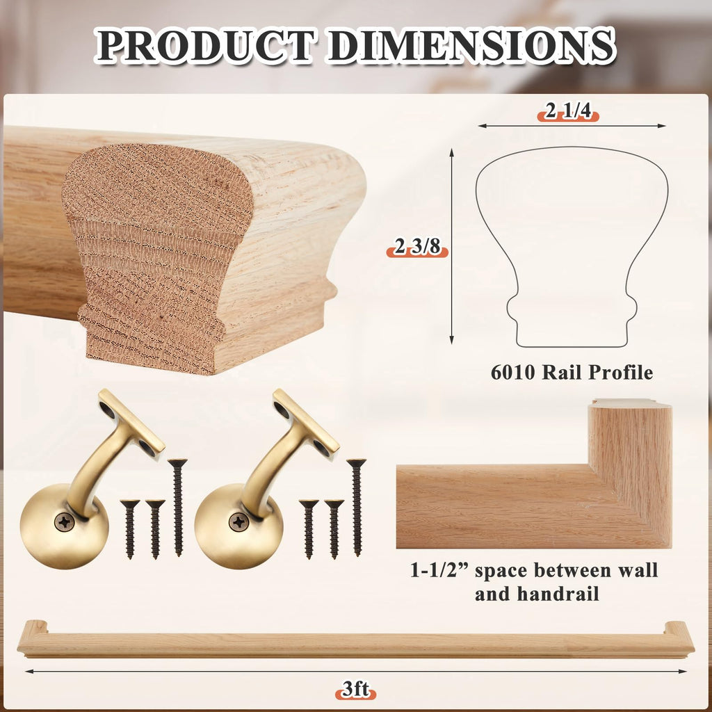 6010 Red Oak Handrail Kit 3 ft with Wall Returns and Wall Mount Brackets Indoor Wood Stairs Handrails Included Screws