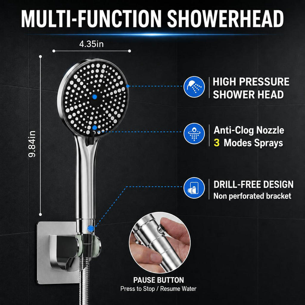 High Pressure Rain Shower Head with Handheld, 11.8-Inch Large Rainfall Shower Head Combo with 3-Way Diverter, 15-Inch