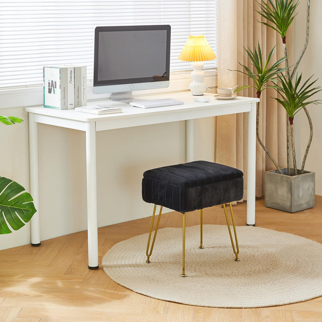 Vanity Stool Chair with Storage, Faux Fur Ottoman, Black