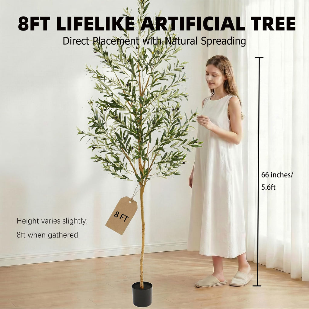 8FT Olive Trees Artificial Indoor, Fake Olive Tree with Natural Wood Trunk and Olive Branches and Lifelike Fruits, Faux