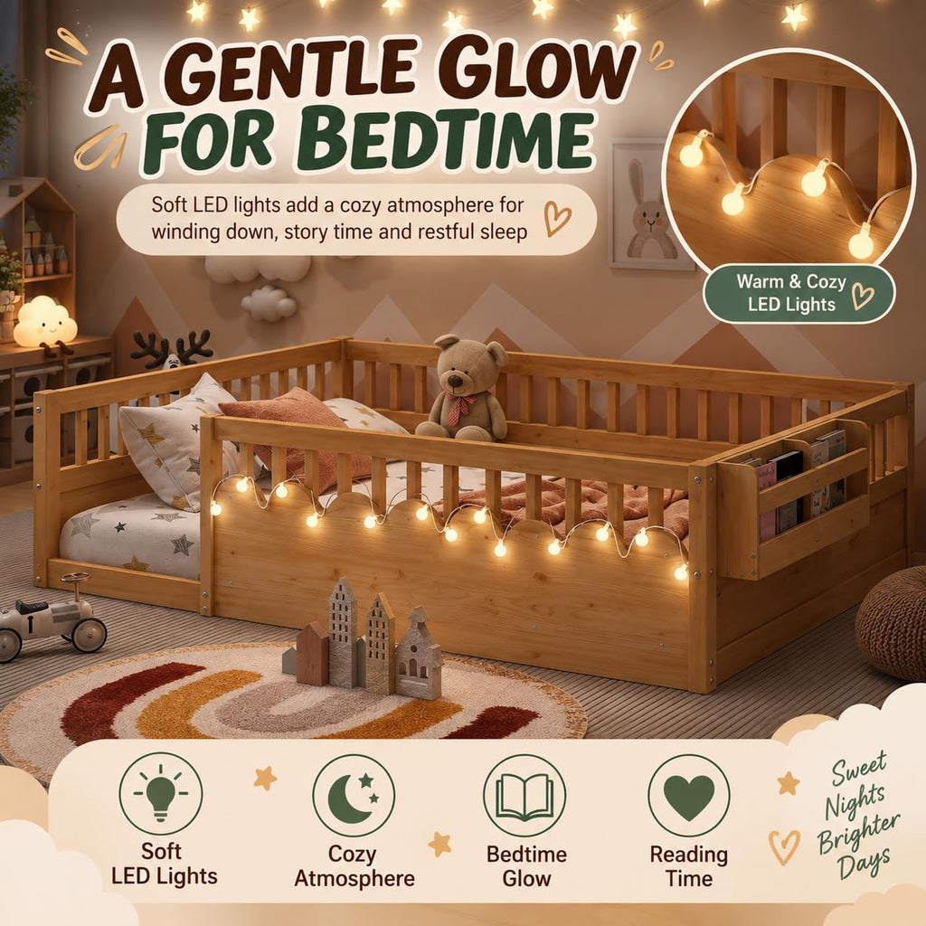 Montessori Floor Bed with High Rails, Floor Bed Frame for Kids, LED Lights & Storage Shelf, Safe & Wider