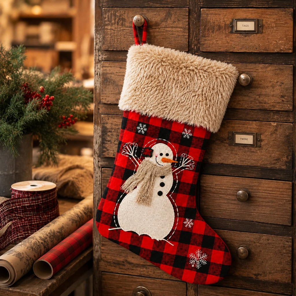 20" Black and Red Plaid Reindeer Christmas Stocking, Rustic Antique Vintage Figurine Style Home Decor, Faux Fur Scarf