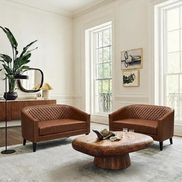 50" W Faux Leather Tufted Small Barrel Loveseats Set of 2, Brown