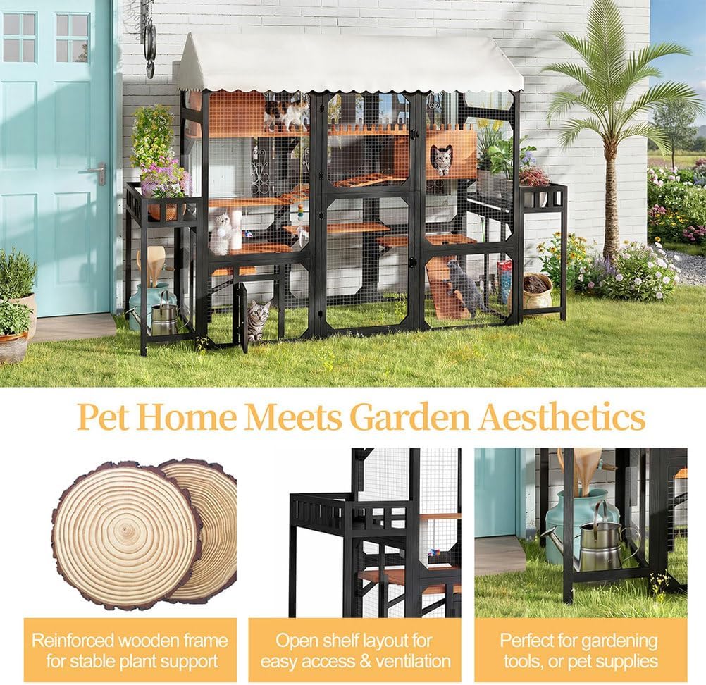 Large Outdoor Cat Enclosure Catio with Platforms & Bridges, 107" Wooden Cat House with Waterproof Roof, Walk-in Cat