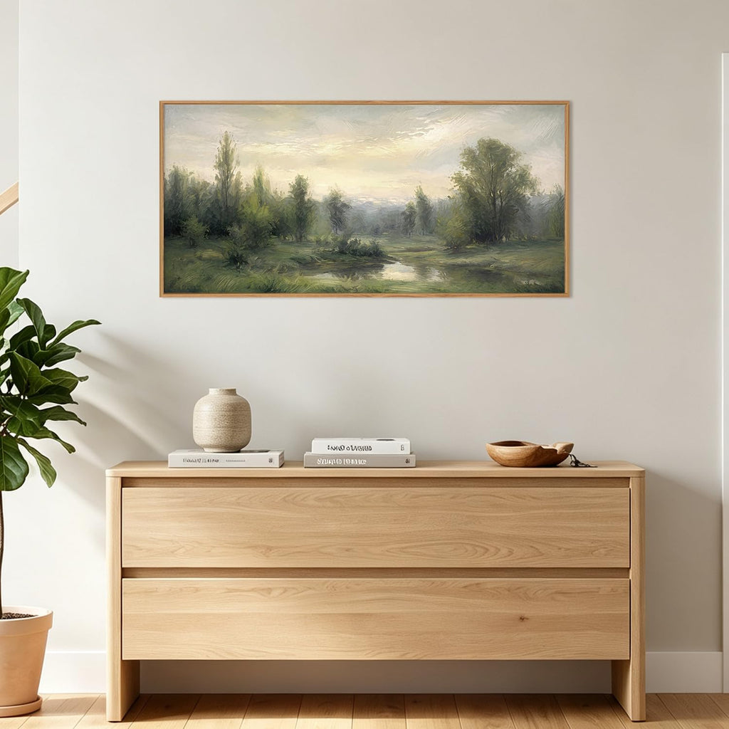 Abstract Monet Forest Canvas Wall Art 40x20 Inch Vintage Framed Sage Green Nature Painting Textured Neutral Woodland