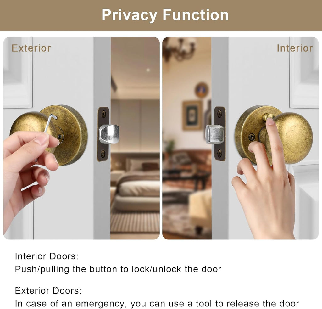 Antique Brass Bronze Door Knob Privacy Door Knobs Interior with Push-Button Vintage Door Knob with Lock and Bathroom