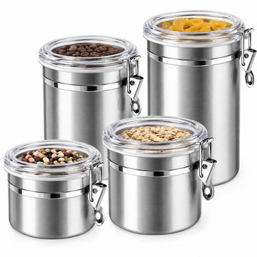 Set of 4 Stainless Steel Kitchen Canisters - Airtight Clamp Lid, Clear See-Thru Top - Ideal Storage, Food Storage