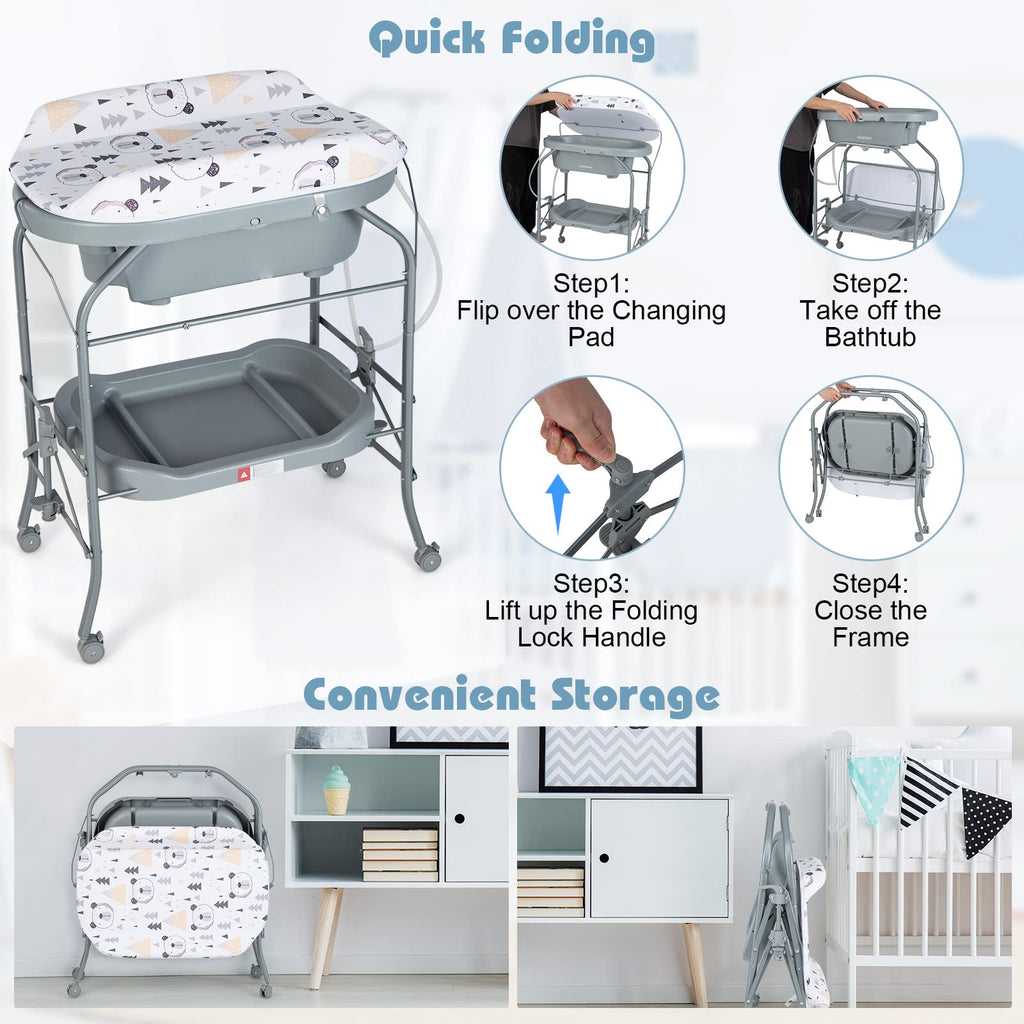 Bathtub with Stand, 2 in 1 Bath Tub & Changing Table, Foldable Infant Diaper Changing Station with Wheels, Storage
