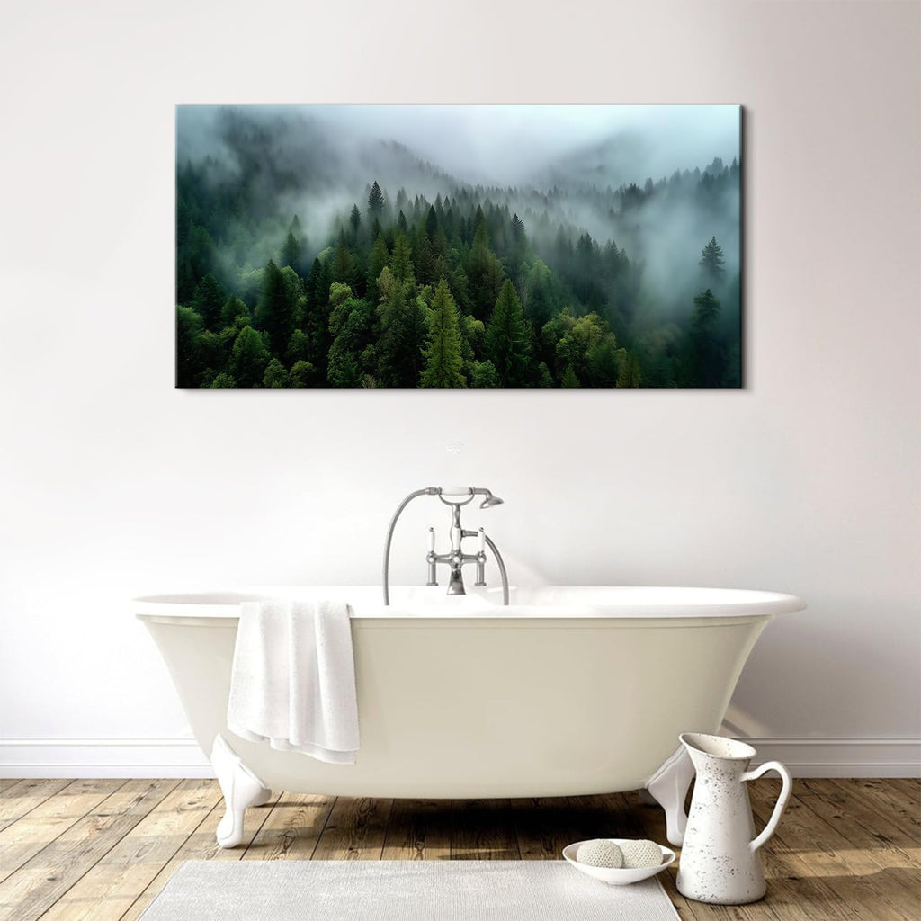 Forest Canvas Wall Art Misty Green Mountain Pine Tree Wall Decor Vintage Nature Foggy Scenery Picture Bedroom Cloudy