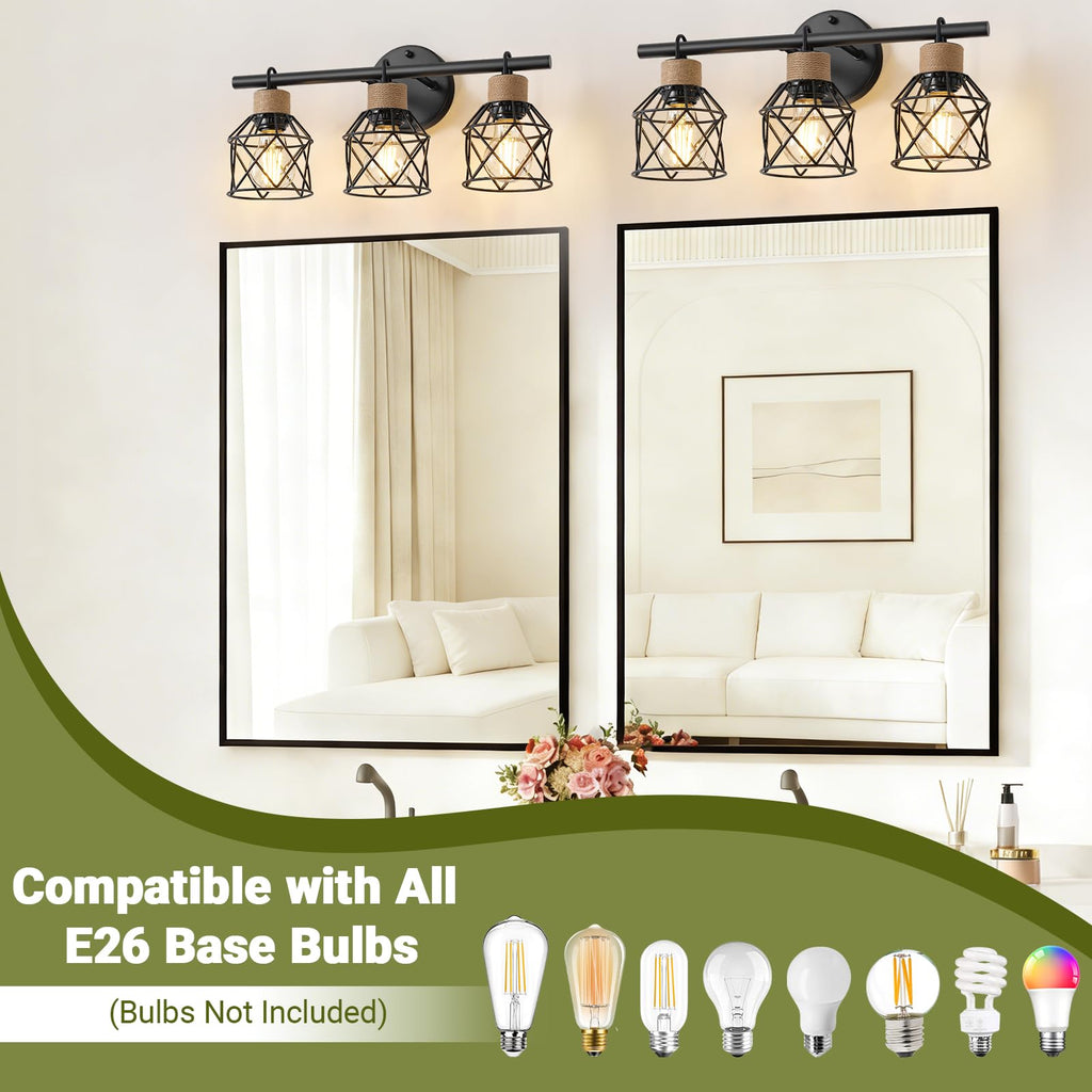 3-Light Farmhouse Bathroom Vanity Light Fixtures Over Mirror, Matte Black Vanity Lights with Metal Cage Lampshade