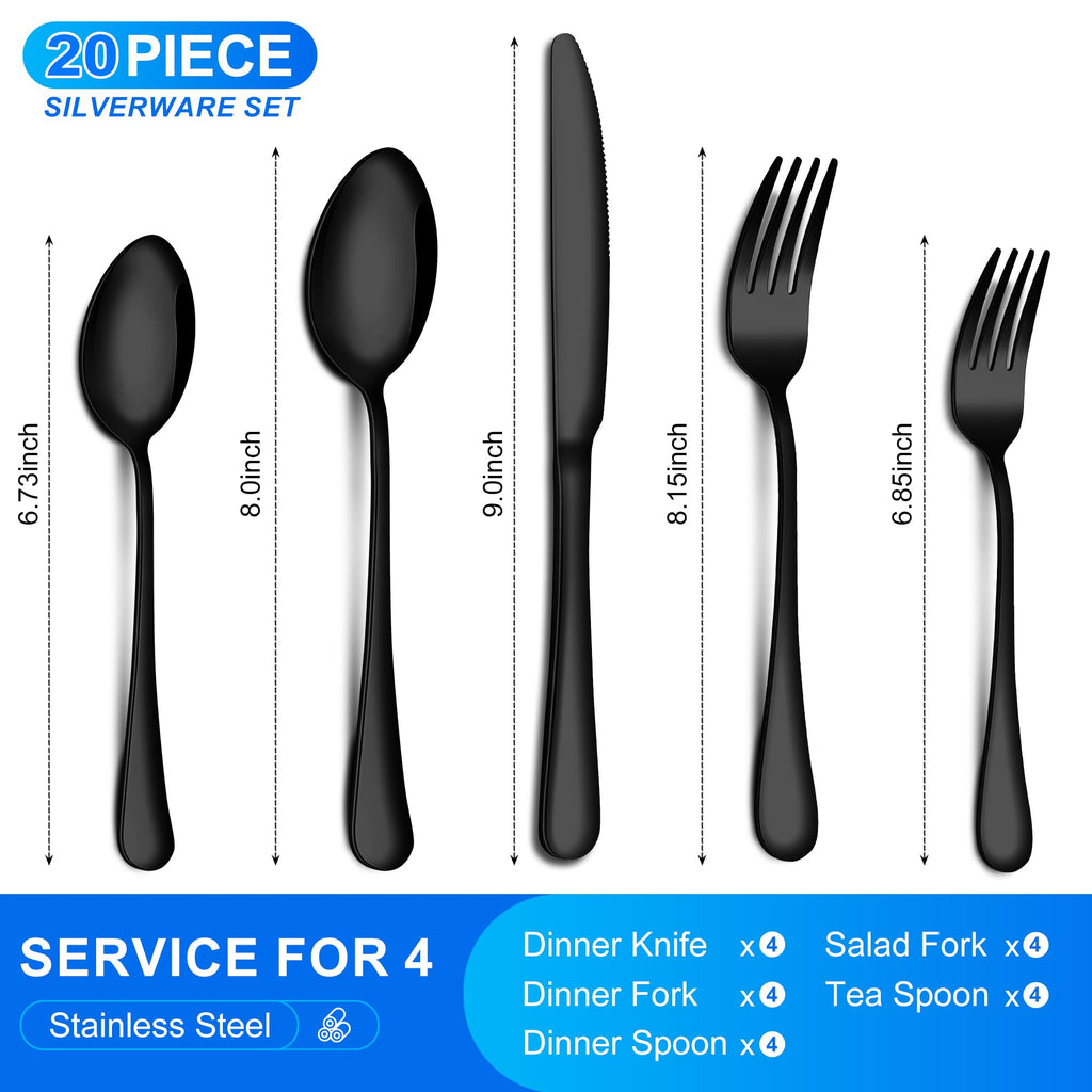 Black Silverware Set for 8, Matte Black Stainless Steel Flatware Set with Spoons Forks and Knives