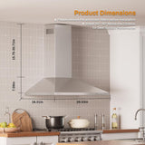 30 Inch Stainless Steel Wall Mount Range Hood 3 Speed LED Lights Convertible Ducted/Ductless