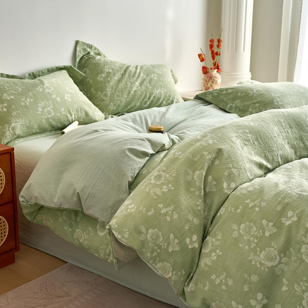 100% Washed Cotton Cover Set, Reversible Vintage Green Floral Butterfly Jacquard Textured Comforter Cover, Boho