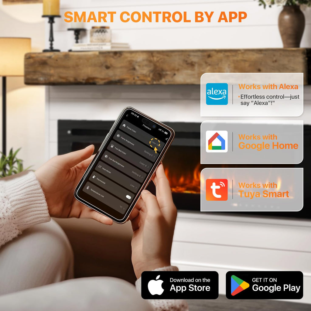 60" Smart Electric Fireplace Heater, Wide Recessed/Wall Mounted Electric Fireplace, Remote Control with Timer, 12