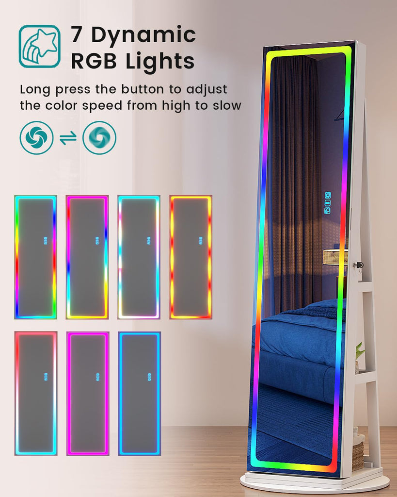 Mirror Jewelry Cabinet Standing with RGB Lights, 360° Swivel, Lockable