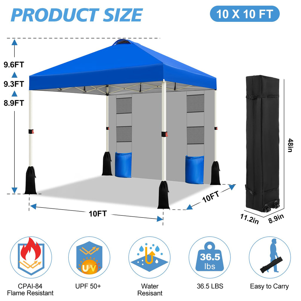 10x10 Pop Up Canopy Tent, 1-Button Push Setup Canopy Tent with 1 Sidewall, Adjustable Height Instant Portable
