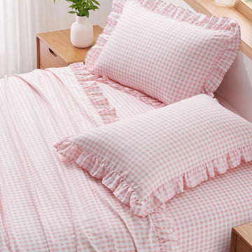 Gingham Ruffle Queen Sheet Set, Light Pink Microfiber Plaid Bed Sheets