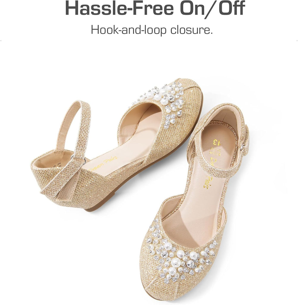 Girls Dress Shoes Toddler Little Big Girls Heels Low Wedge Pumps with Pearls Rhinestone for Flower Girl Princess