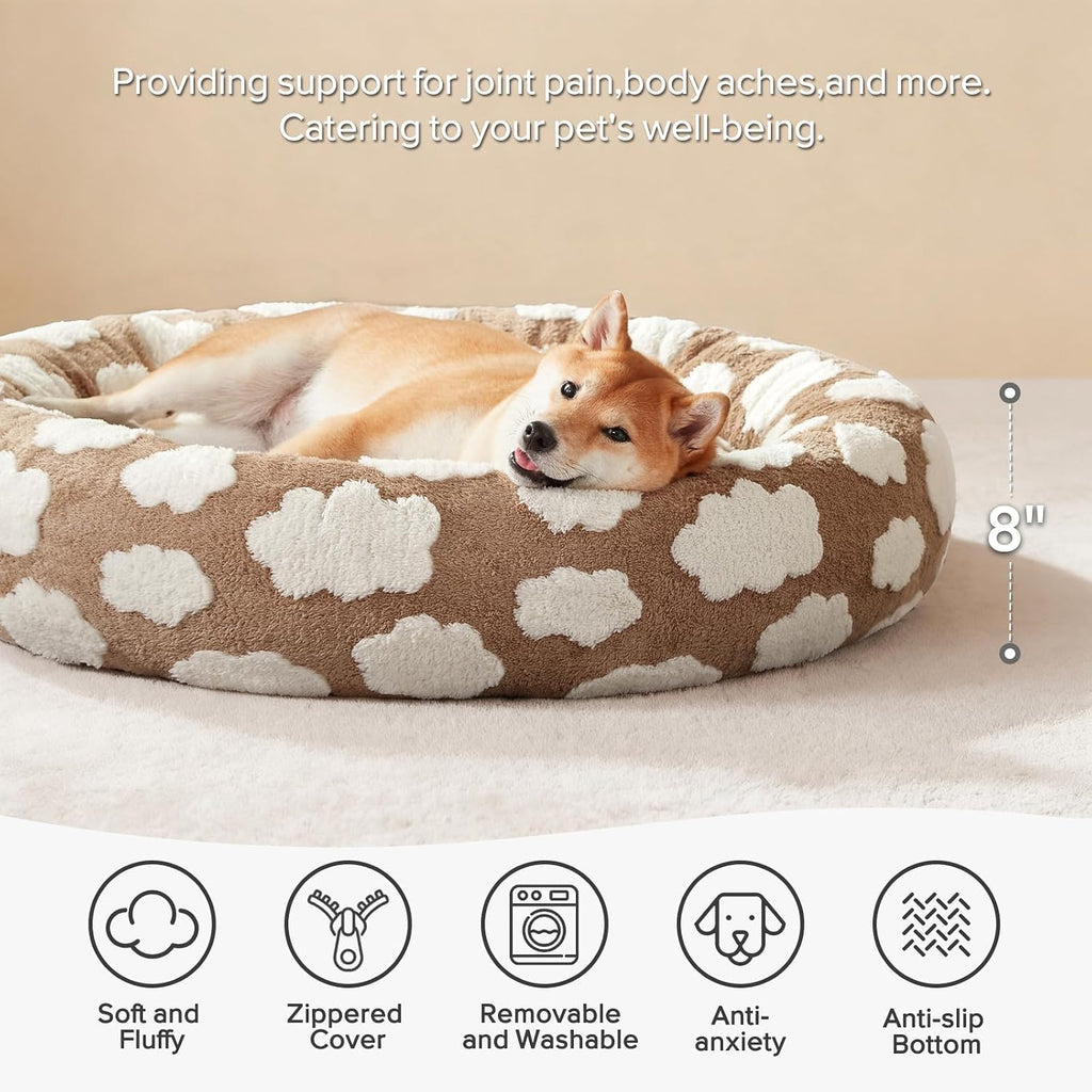 Jacquard Donut Round Dog Beds Medium Sized Dog, Brown 30x30x8in, Removable Washable Cover, Cute Pattern, Ultra Soft