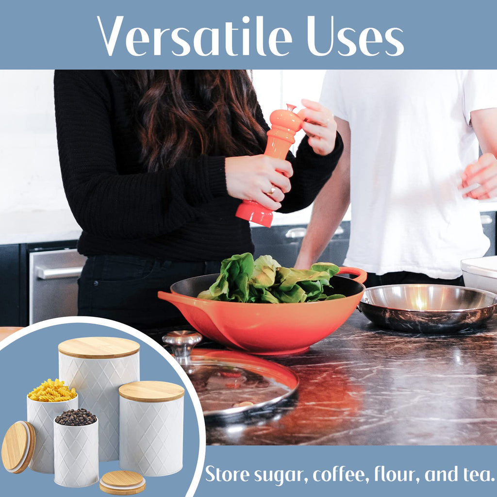 White Kitchen Canisters Set with Bamboo Lids, Airtight Sugar, Flour, Coffee, Cookie Storage Canister Sets Countertop