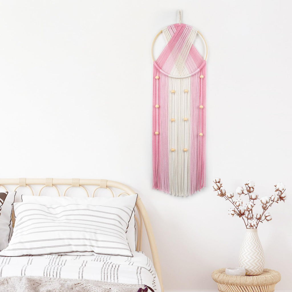 LB Boho Pink Macrame Wall Hanging Woven Cotton Tapestry Pink and White Wall Art with Wood beads Modern Aesthetic
