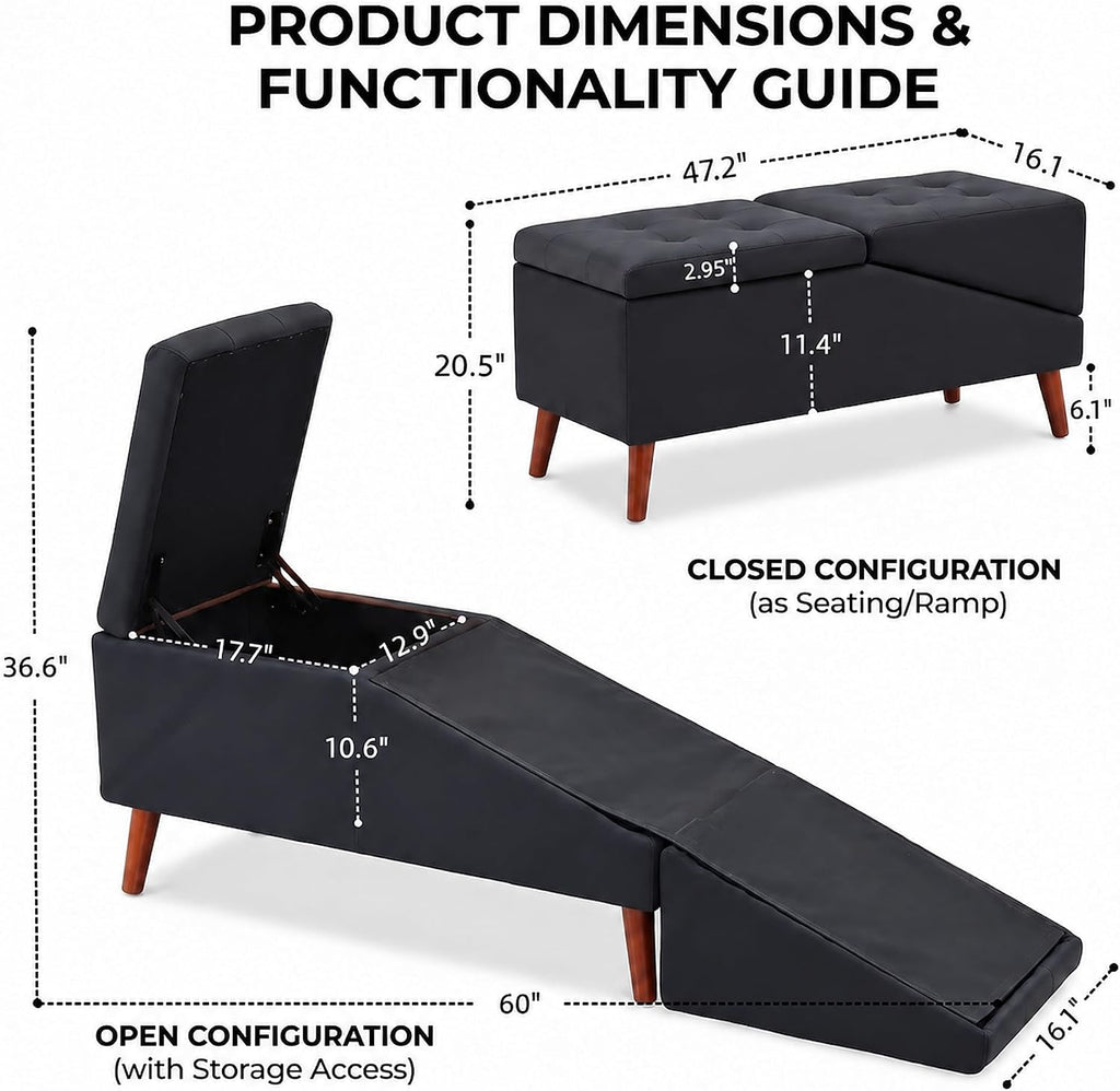2-in-1 Dog Ramp & Ottoman - Foldable Dog Steps for Couch and Bed with Hidden Storage, 20.4" H Non-Slip Wooden Pet